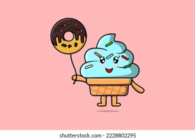 Cute cartoon Ice cream floating with donuts balloon cartoon vector illustration