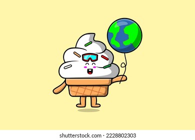 Dibujo lindo helado flotando con globo de tierra ilustración vectorial