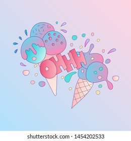 Cute cartoon ice cream icon illustration with lettering Ohh, and splashes around ice cream scoops and cone. Ice cream scoop catoon illustration, pink and blue colors. Bubble gum and strawberry ice