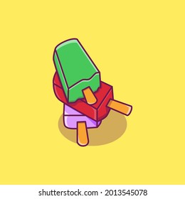 Cute cartoon ice cream illustration in green, red and pink colors