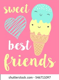 cute cartoon ice cream illustration with slogan and hearts