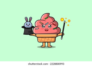 cute cartoon Ice cream magician character with bunny character coming out from magic hat