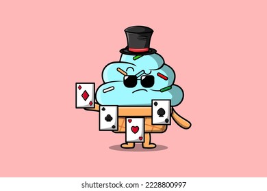Cute cartoon Ice cream magician character playing magic cards in flat cartoon style illustration