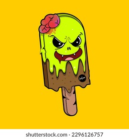 Cute cartoon ice cream on a yellow background. Vector illustration.