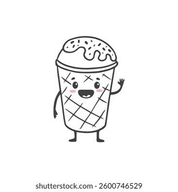 Cute cartoon Ice Cream in paper cup with berry isolated on white background. Funny ice cream in doodle style. Black and white vector illustration
