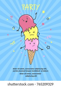 Cute cartoon ice cream poster. Vector illustration.