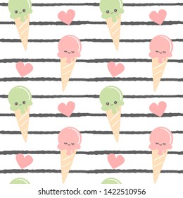 cute cartoon ice cream seamless vector pattern illustration on black and white striped background 