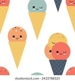 Cute cartoon ice cream seamless pattern. Summer gelato ball repeating background. Sweet texture design. Vector illustration for textile, cafe menu, wrapping paper, wallpaper