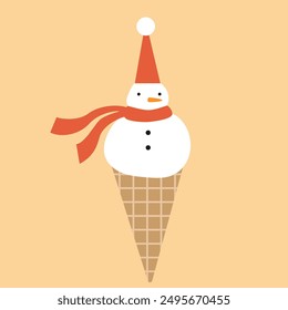 Cute cartoon ice cream snowman with red scarf in waffle cone.  Hand drawn Christmas vector illustration. Funny xmas background, poster, card, social media banner.