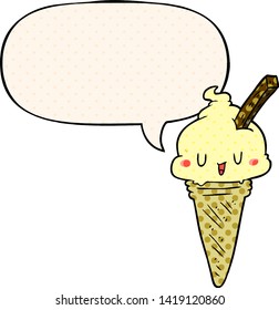 cute cartoon ice cream with speech bubble in comic book style