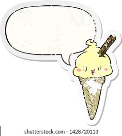 cute cartoon ice cream with speech bubble distressed distressed old sticker