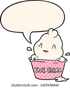 cute cartoon ice cream with speech bubble in comic book style
