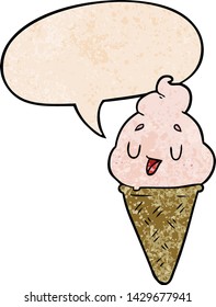 cute cartoon ice cream with speech bubble in retro texture style