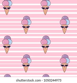 cute cartoon ice cream with sunglasses seamless vector pattern background illustration