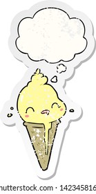 cute cartoon ice cream with thought bubble as a distressed worn sticker