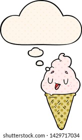 cute cartoon ice cream with thought bubble in comic book style