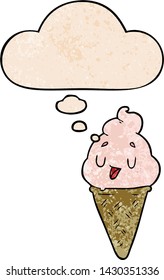 cute cartoon ice cream with thought bubble in grunge texture style