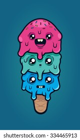 Cute Cartoon Ice Cream with Three Funny Faces. Colorful Vector Illustration