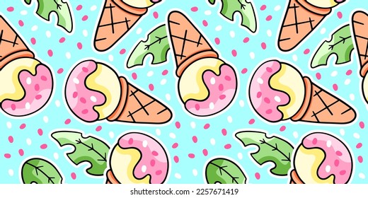 Cute cartoon ice cream, vector seamless pattern in the style of doodles, hand drawn