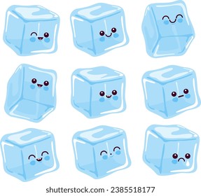 Cute cartoon ice cube characters. Vector illustration.