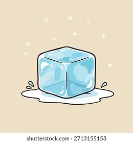 Cute cartoon ice cube melting on the ground with water drops and soft snowflakes around it. Simple and clean winter illustration perfect for kids designs, icons, stickers, education, and seasonal grap