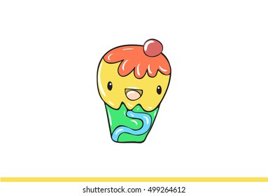 Cute Cartoon ice-cream with facial expressions on white background. Pastel colors used. Vector illustration