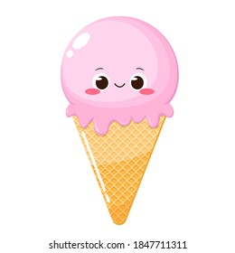 Cute cartoon icecream with funny face. Kawaii ice cream with strawberry flavor in waffle cone. Sweet food pink emoji. Summer dessert vector illustration