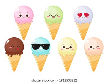 Cute cartoon icecream with funny face. Kawaii ice cream in waffle cone. Sweet food emoji set. Summer dessert vector illustration