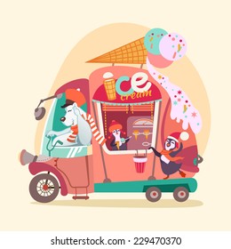 Cute cartoon ice-cream wagon/van with polar bear and penguins. Vector illustration