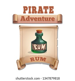 Cute cartoon icon bottle rum on the old scroll. Vector illustration isolated on white background.