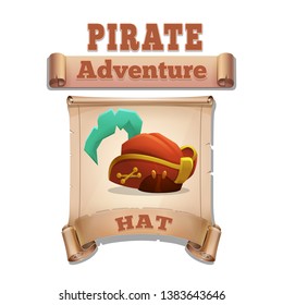 Cute cartoon icon captain's pirate hat on the old scroll. Vector illustration isolated on white background.