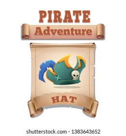 Cute cartoon icon captain's pirate hat on the old scroll. Vector illustration isolated on white background.
