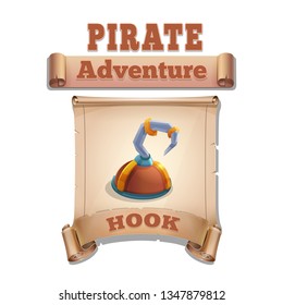 Cute cartoon icon hook on the old scroll. Vector illustration isolated on white background.