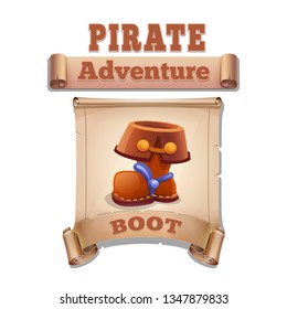 Cute cartoon icon old boot on the old scroll. Vector illustration isolated on white background.