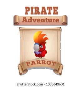 Cute cartoon icon parrot on the old scroll. Vector illustration isolated on white background.