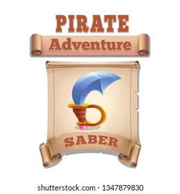 Cute cartoon icon saber on the old scroll. Vector illustration isolated on white background.