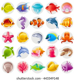 Cute cartoon icon set with underwater animals. Sea horse, fishes, turtle, pearl scallop, dolphin, whale, octopus, starfish, shell. Vector illustrations for beach tourism, summer travel, diving club