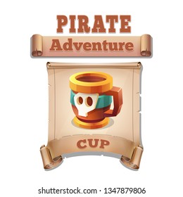Cute cartoon icon wooden cup on the old scroll. Vector illustration isolated on white background.