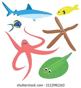 Cute cartoon icons of marine underwater animals. A set of vector illustrations in a flat style isolated on a white background