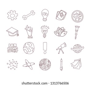 Cute cartoon icons on science, school, study theme. Physics, chemistry, astronomy and other sciences - vector illustrations of icons for children. Back to school educational icons, science cartoon