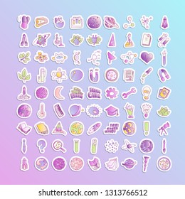 Cute cartoon icons on science, school, study theme. Physics, chemistry, astronomy and other sciences - vector illustrations of icons for children. Back to school educational icons, science cartoon
