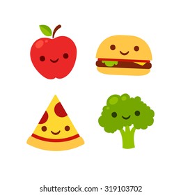 Cute cartoon icons with smiling faces: apple, broccoli, burger and pizza. Fast food and healthy food vector illustration.