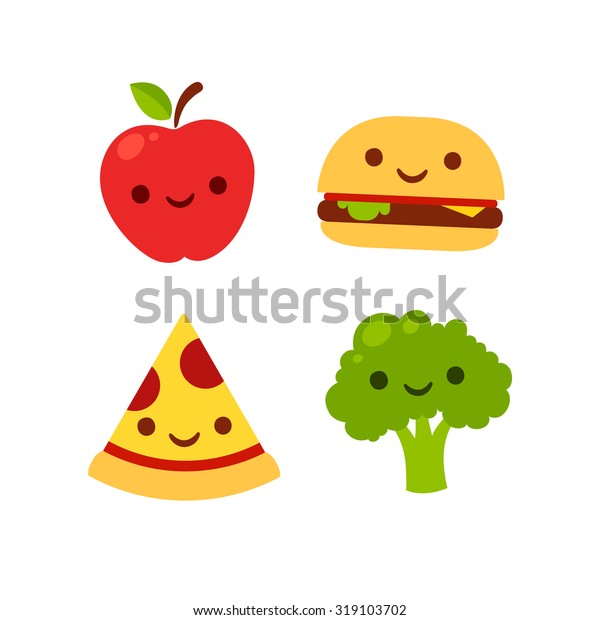 にこやかな顔をしたかわいい漫画のアイコン リンゴ ブロッコリー ハンバーガー ピザ ファストフードとヘルシーな食べ物のベクターイラスト のベクター画像素材 ロイヤリティフリー
