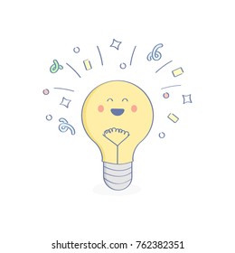 Cute cartoon idea light bulb, flat line concept of Creative, Generation of a new Ideas, Innovation. Lamp bulb with flying confetti. Isolated symbol vector illustration.