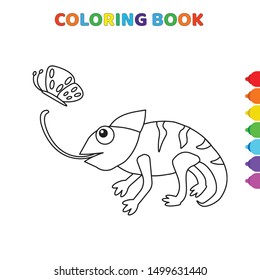cute cartoon iguana eats butterfly coloring book for kids. black and white vector illustration for coloring book. iguana eats butterfly concept hand drawn illustration