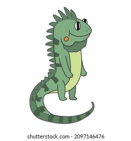 Cute Cartoon Iguana Standing And Looking Aside. A Funny Green Iguana Smiling And Listening To Something With Attention. Vector Clip Art Illustration In 2D. Hand-drawn Simple Style.