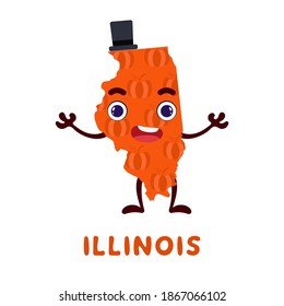 Cute cartoon Illinois state character clipart. Illustrated map of state of Illinois of USA with state name. Funny character design for kids game, sticker, cards, poster. Vector stock illustration.