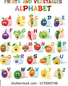 Cute cartoon illustrated alphabet with funny fruits and vegetables characters. English alphabet. Learn to read. Isolated Vector illustration.