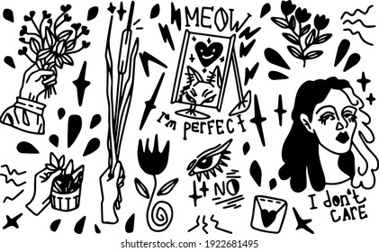 cute cartoon illustration about feminism and adolescent self-acceptance.  Plants and nature.  Vector graphics, design elements, white background.