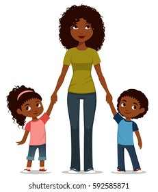 cute cartoon illustration of an African American mother with two kids. A young single mother holding hands with her two children. Isolated on white.